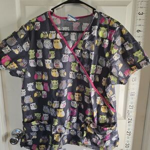 Smart Scrubs Owl Print Scrub Top with Pink Trim